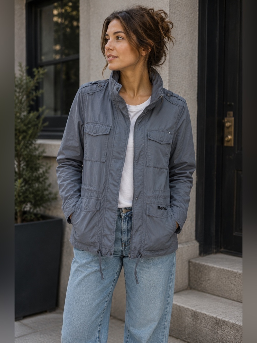 Bench Blue Grey Cargo Utility Jacket Size XS Streetwear Casual Lightweight